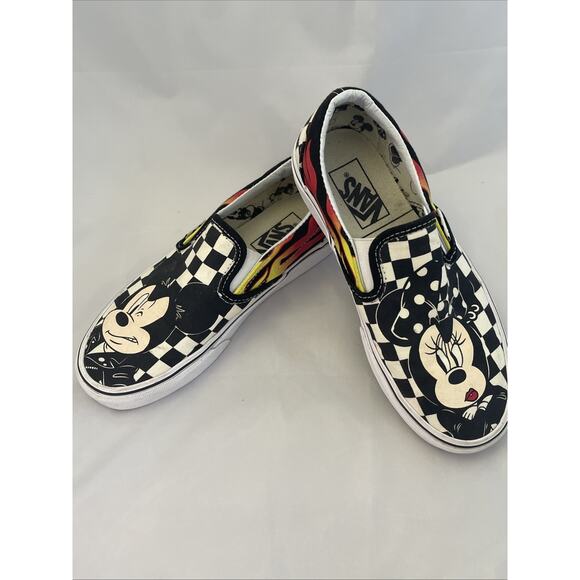 Disney Vans Slip-On Mickey Minnie Checkerboard Flame Skate Shoes Size 4 M/ 5.5 W - Picture 1 of 6